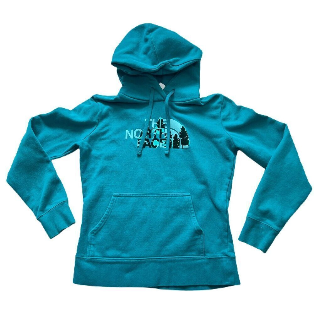 THE NORTH FACE Pullover Hoodie Women Size S Aqua Blue Sweatshirt Big Logo